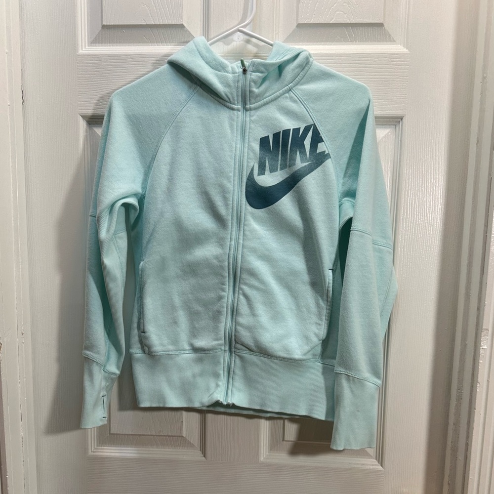 Nike Kids Light Aqua Zip Hoodie with Navy Swoosh